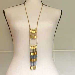 Two-tiered long gold necklace with blue fringe details GUC